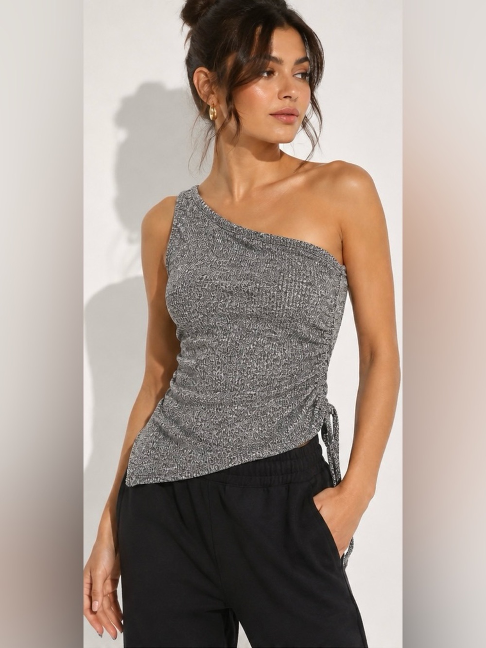 Lulus Gray One Shoulder Ruched Side Tie Knit Top NWT Medium